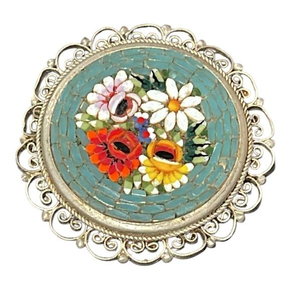 Top LIKED ITEM Vintage Italian Micro Mosaic Glass and Silver brooch. - Picture 3 of 5